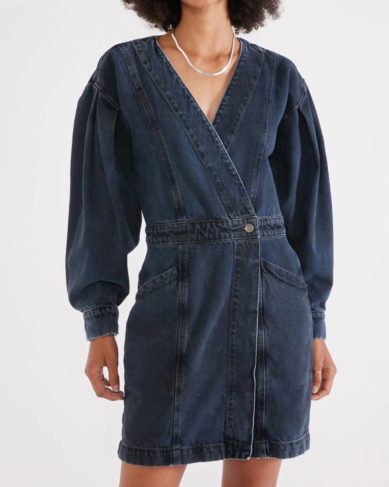 Front of a model wearing a size L Mira Denim Wrap Dress in Black Lava in Black Lava by ETICA. | dia_product_style_image_id:342678